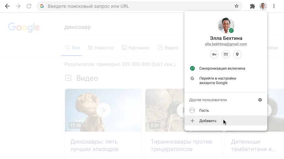 Диалоговое окно профиля в браузере Chrome.